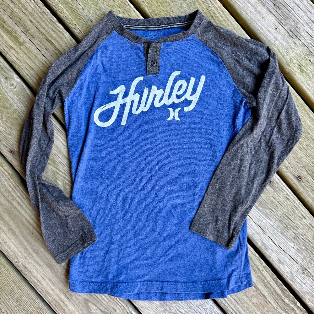 Hurley Boys Size L 12-13 Raglan Henley Long Sleeve Shirt Blue Gray
